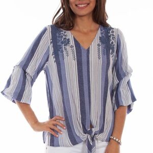 Scully Women’s Blue Striped Floral 3/4 Sleeve V-Neck Tie Front Top Blouse Size M